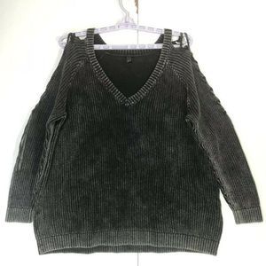 Torrid V Neck Sweater Ladies 2 Black Acid Dyed With Tied Sleeves All Cotton